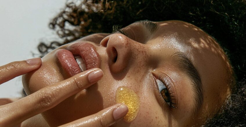 cinematic macro close-up of a woman gently rubbing transparent serum with a faint yellow tint onto her cheek using her fingertips, captured mid-motion, focus on hand and cheek, smooth glowing skin texture, natural soft daylight, clean white studio background, beauty skincare ritual aesthetic, ultra-realistic detail, shallow depth of field, luxury skincare advertising style, inspired by aesop and la mer campaigns --chaos 5 --ar 9:16 --quality 2 --raw --v 6.1 Job ID: c4b92755-90aa-4370-9eda-9fc60128fb34